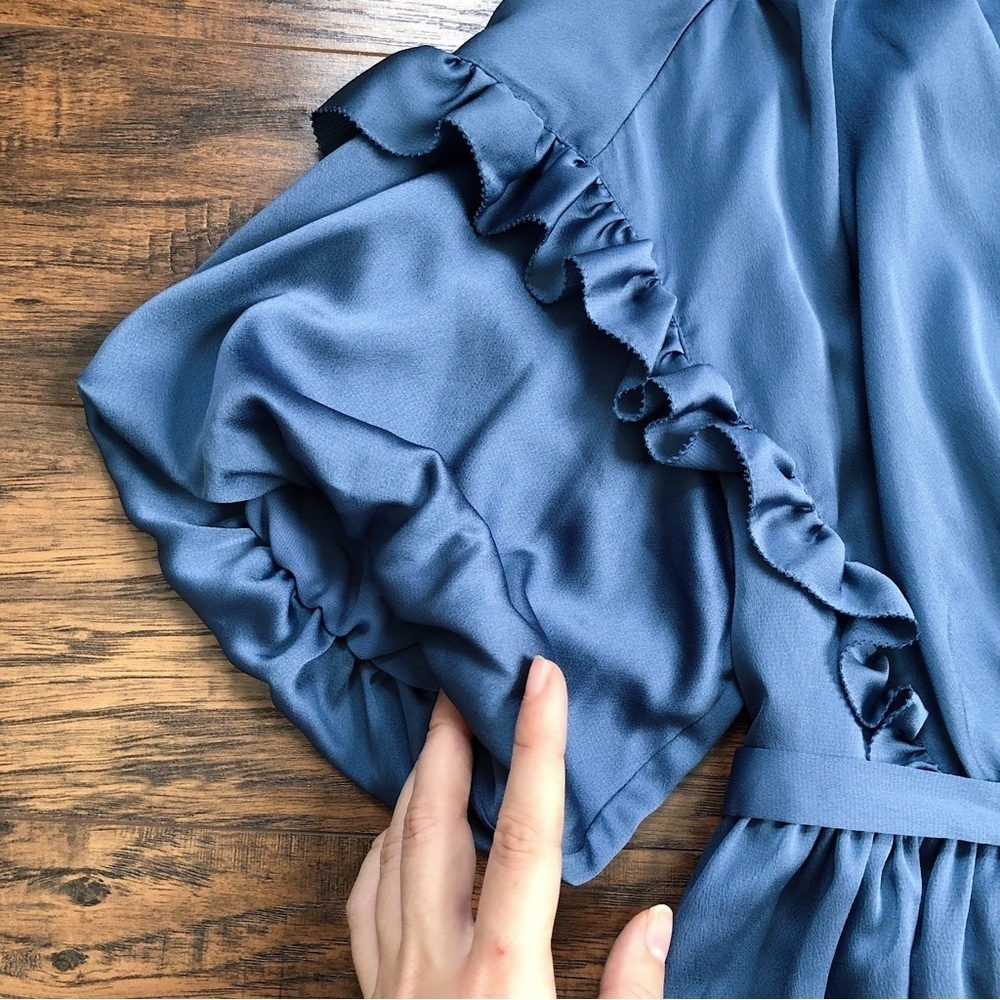 Kate Spade • Belted Satin Midi Dress ruffle trim short sleeve Antique Blue - Picture 5 of 16